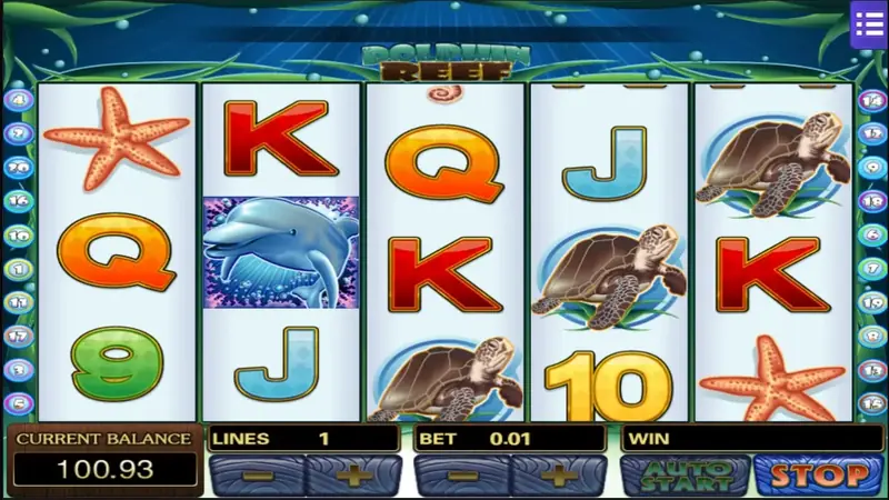 Skrin game slot Dolphin Reef bertema terumbu bawah laut