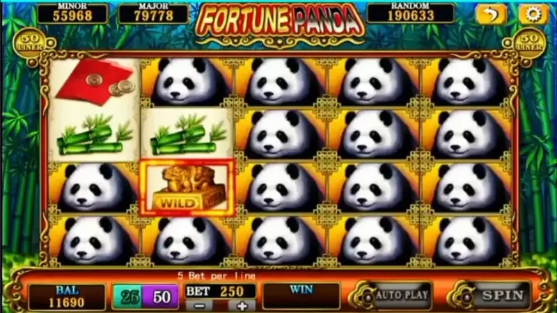 Skrin game slot Fortune Panda dengan simbol panda dan buluh
