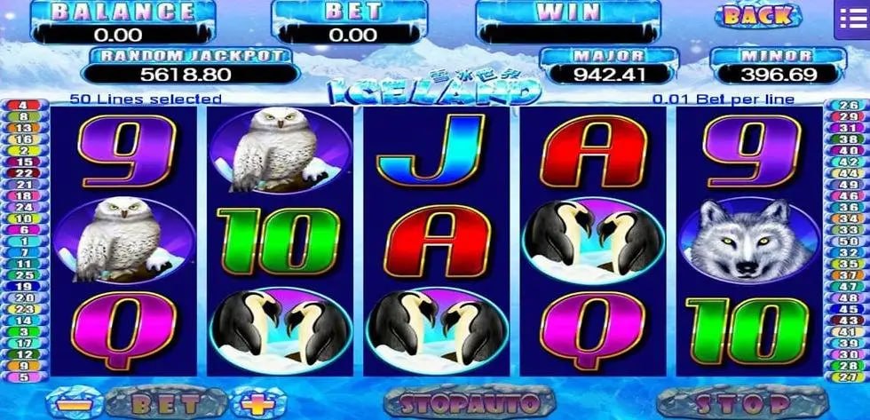 Skrin game slot Iceland dengan simbol burung hantu, penguin dan serigala, serta meter jackpot