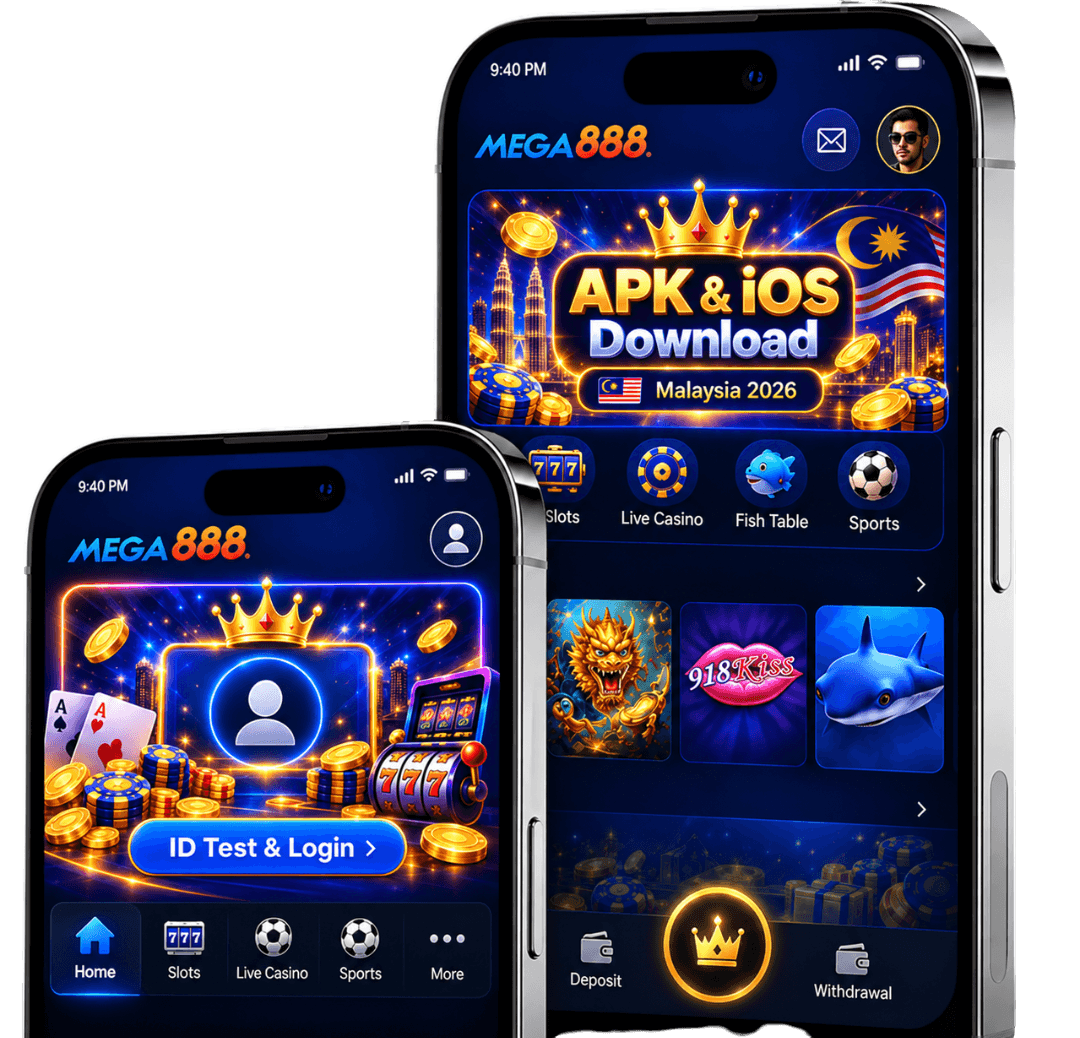 Aplikasi Mega888 pada dua telefon: skrin utama dengan jackpot dan tawaran, serta senarai game popular