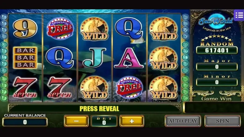 Skrin game slot Seaworld dengan simbol bawah air dan meter jackpot